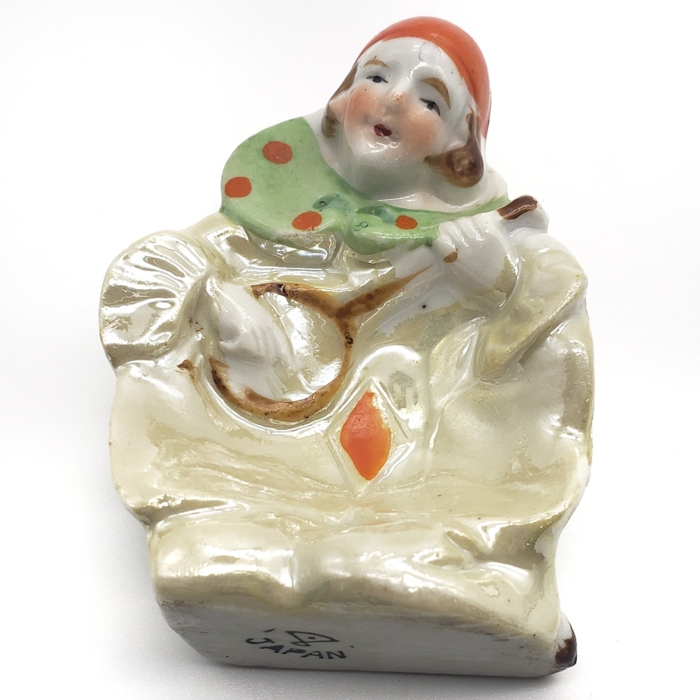 VINTAGE Japan Pierrot Harlequin Clown Luster Mandolin Figurine Trinket Dish MCM